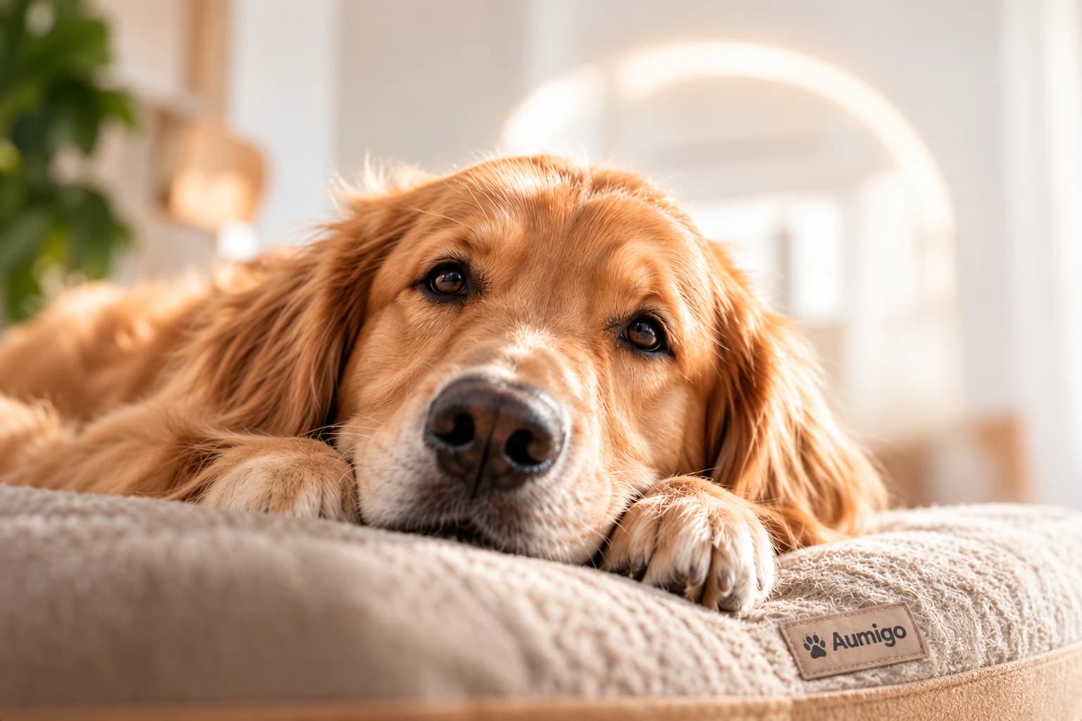 Golden retriever descansando na caminha do Hotel Aumigo