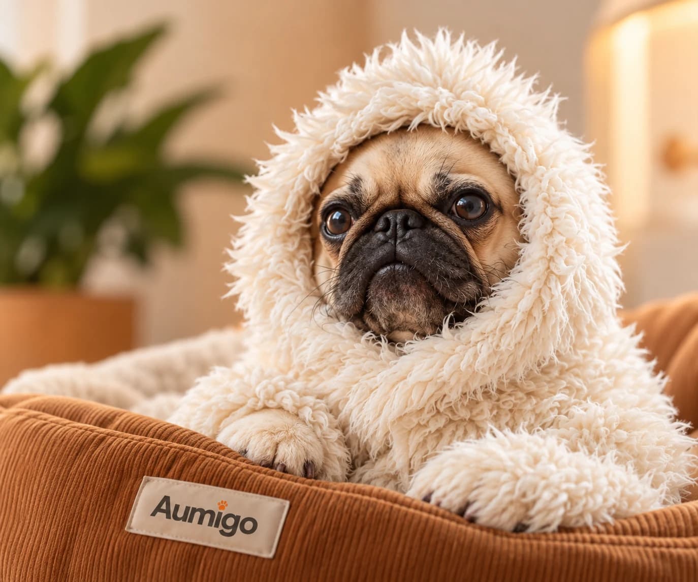 Pug aconchegado na caminha do Hotel Aumigo
